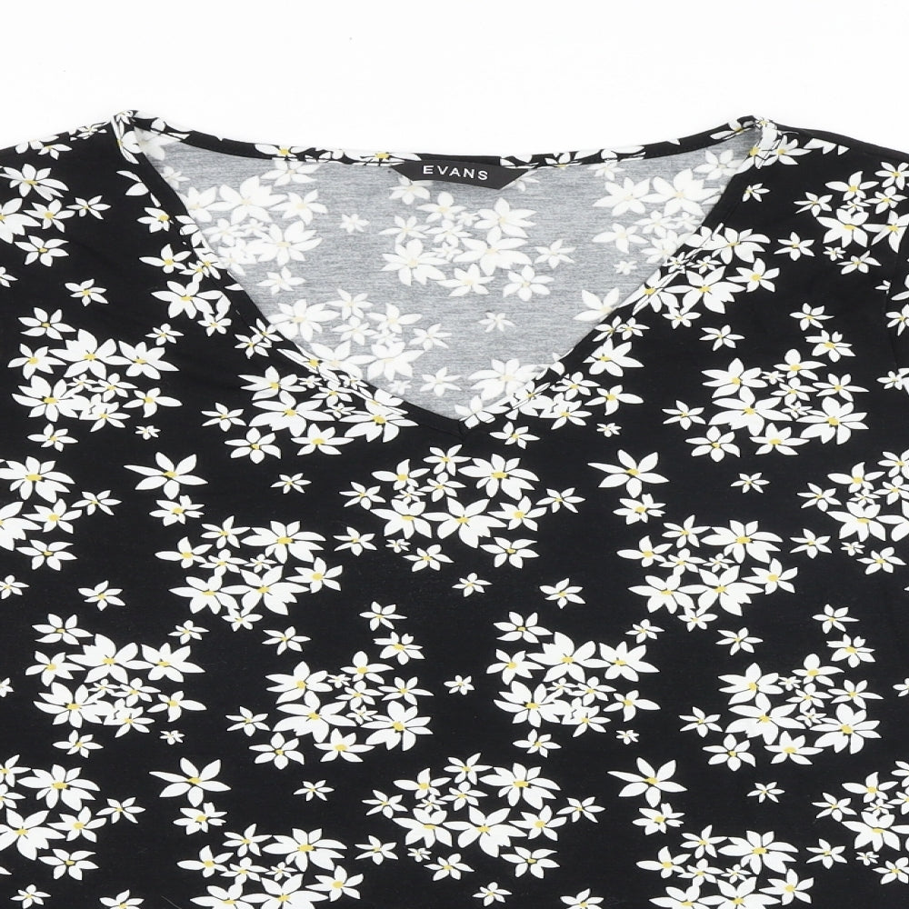 Evans Womens Black Floral Viscose Basic T-Shirt Size 18 V-Neck