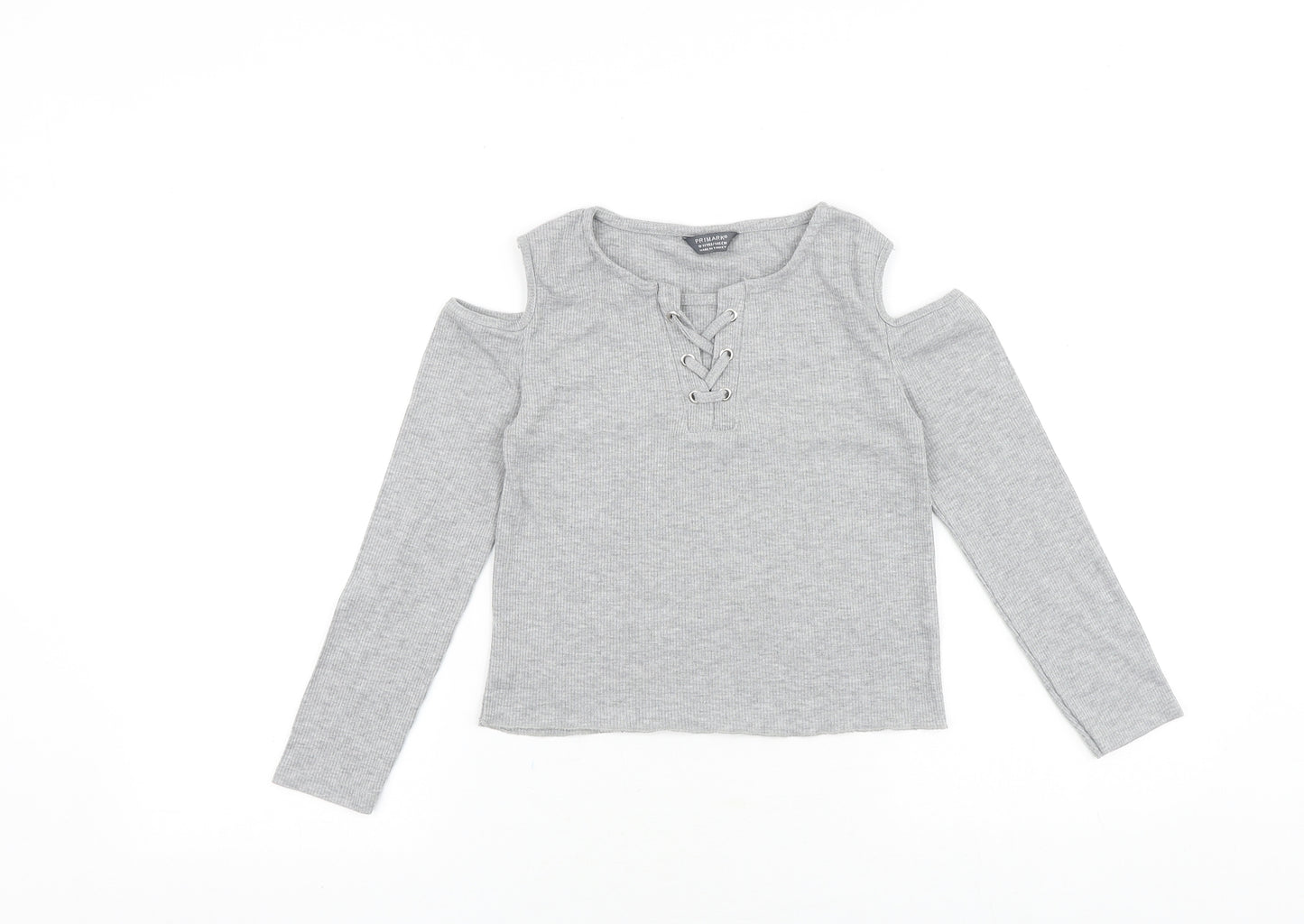 Primark Girls Grey Cotton Basic T-Shirt Size 10-11 Years Round Neck Pullover - Cold Shoulder