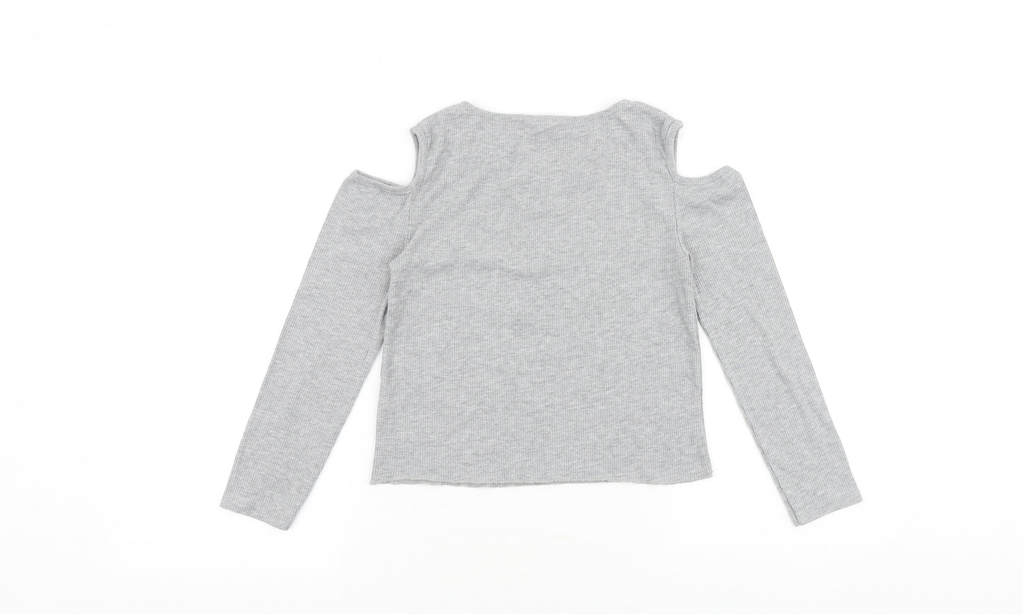 Primark Girls Grey Cotton Basic T-Shirt Size 10-11 Years Round Neck Pullover - Cold Shoulder