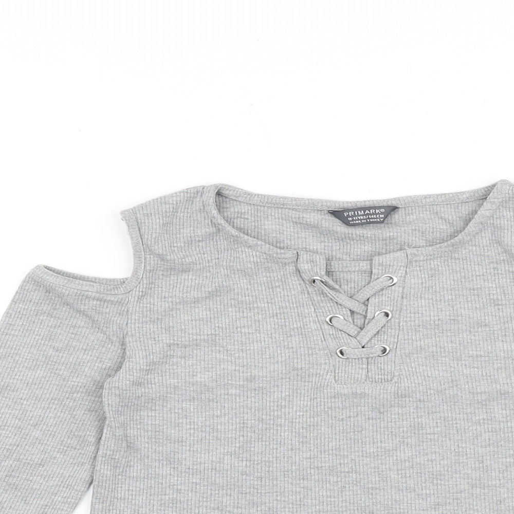 Primark Girls Grey Cotton Basic T-Shirt Size 10-11 Years Round Neck Pullover - Cold Shoulder