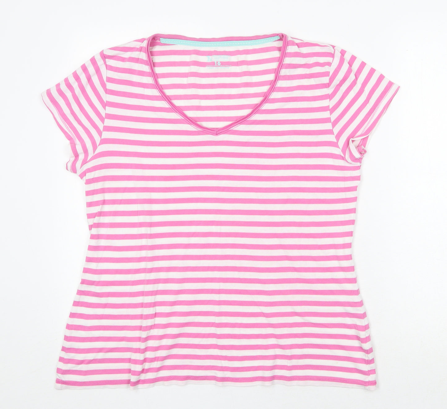 TU Womens Pink Striped 100% Cotton Basic T-Shirt Size 16 V-Neck
