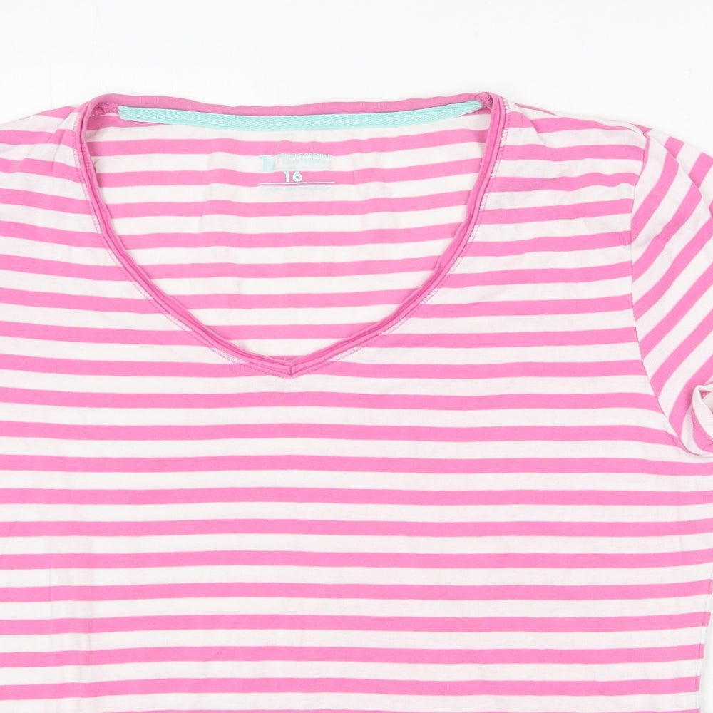 TU Womens Pink Striped 100% Cotton Basic T-Shirt Size 16 V-Neck