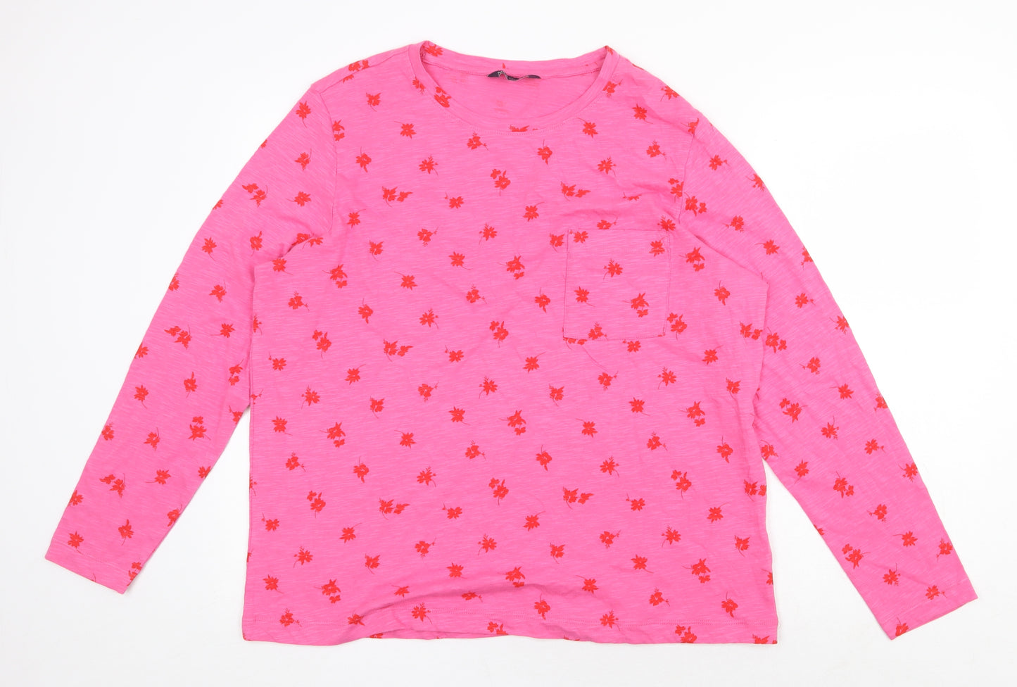 Marks and Spencer Womens Pink Floral 100% Cotton Basic T-Shirt Size 16 Round Neck