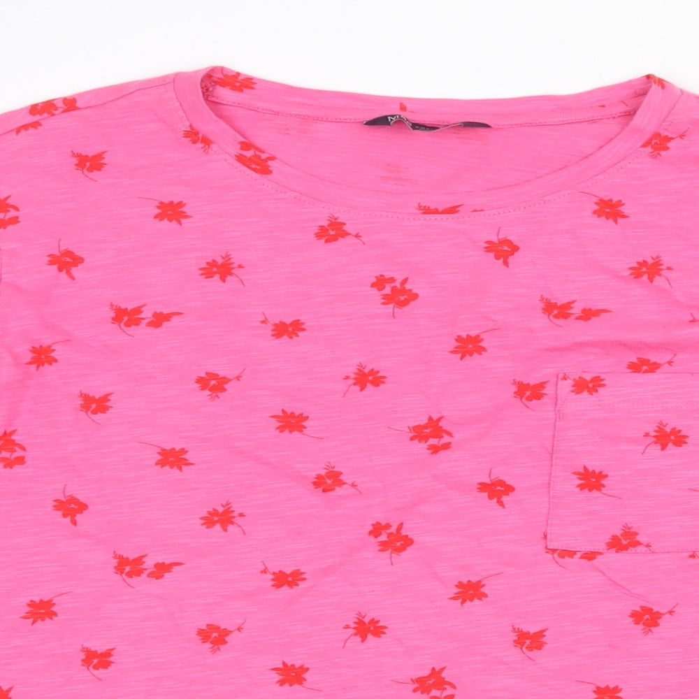 Marks and Spencer Womens Pink Floral 100% Cotton Basic T-Shirt Size 16 Round Neck