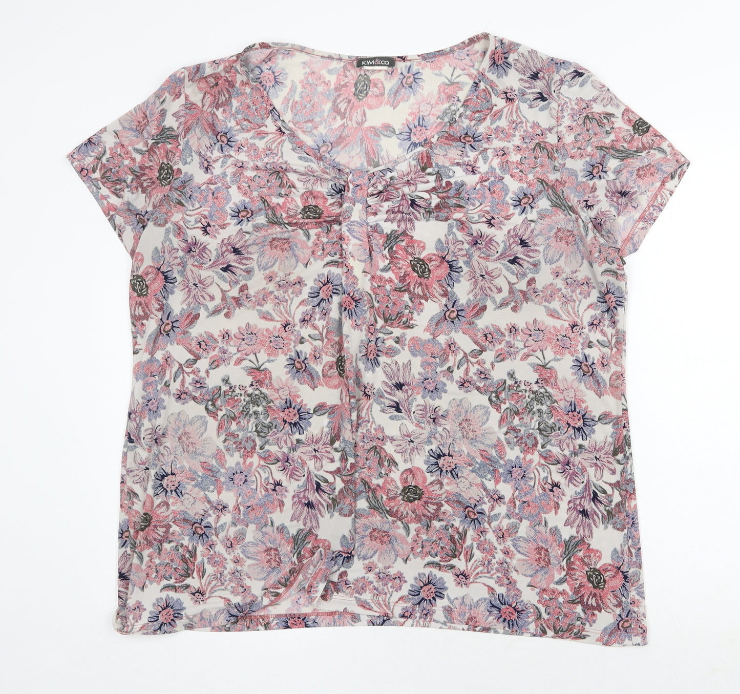 Kim & Co Womens Pink Floral Polyester Basic T-Shirt Size 2XL V-Neck