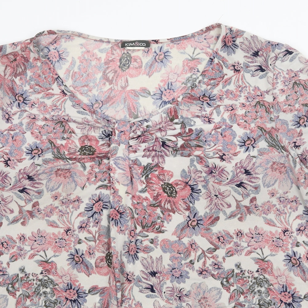 Kim & Co Womens Pink Floral Polyester Basic T-Shirt Size 2XL V-Neck