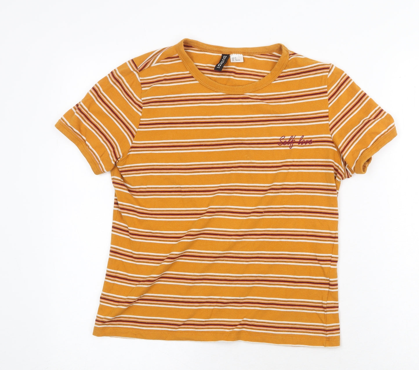 H&M Womens Yellow Striped Cotton Basic T-Shirt Size M Round Neck