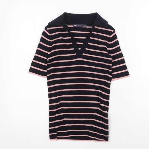 Marks and Spencer Womens Blue Striped Cotton Basic T-Shirt Size XS Collared