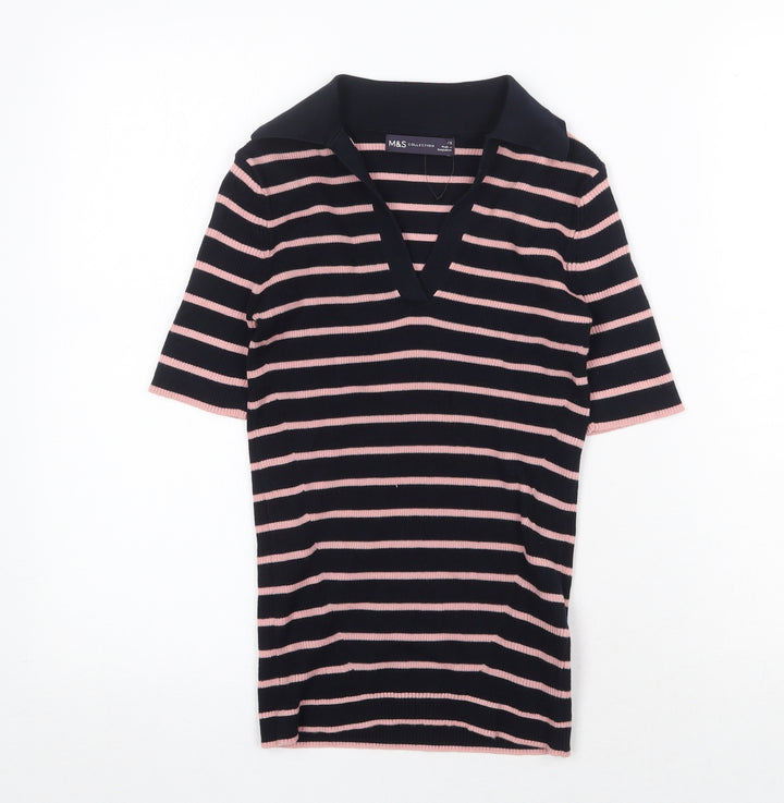 Marks and Spencer Womens Blue Striped Cotton Basic T-Shirt Size XS Collared