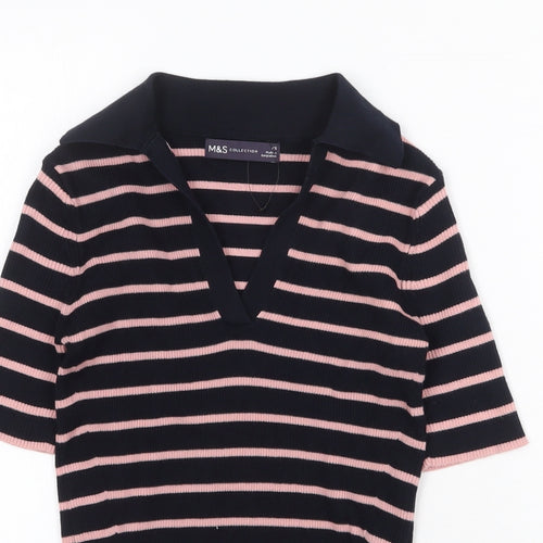 Marks and Spencer Womens Blue Striped Cotton Basic T-Shirt Size XS Collared