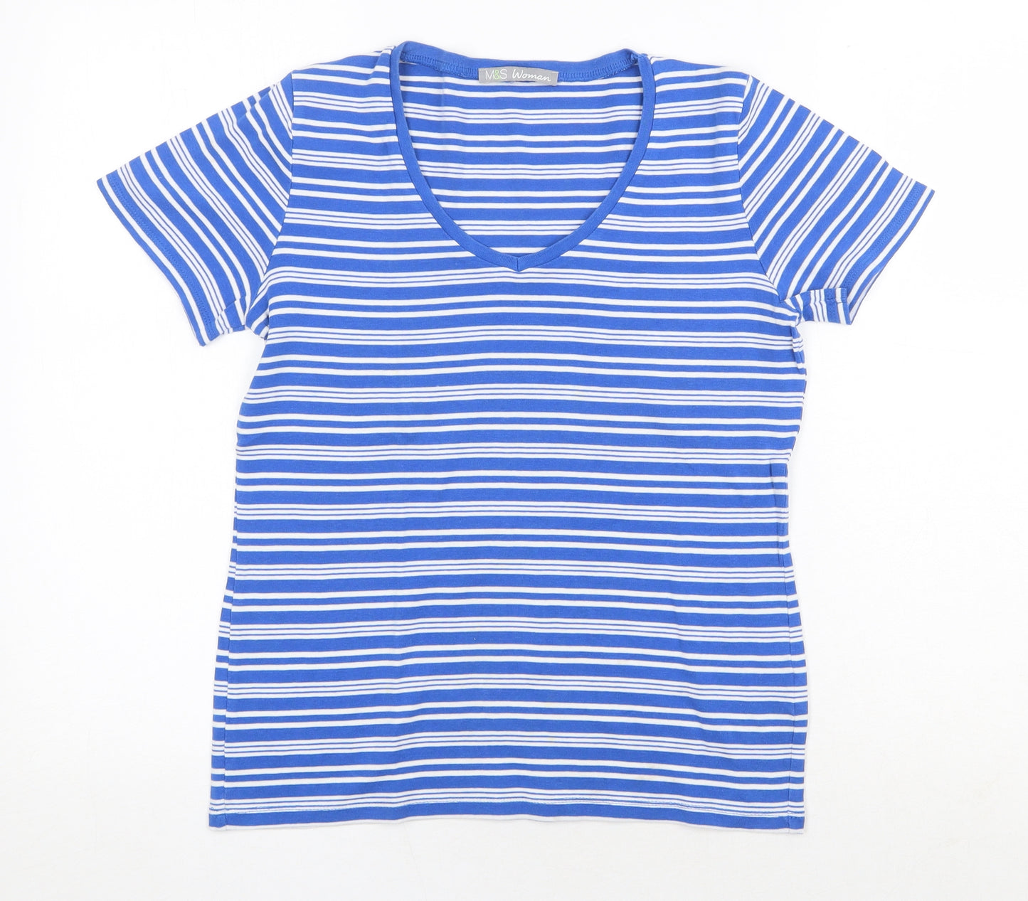 Marks and Spencer Womens Blue Striped 100% Cotton Basic T-Shirt Size 14 V-Neck