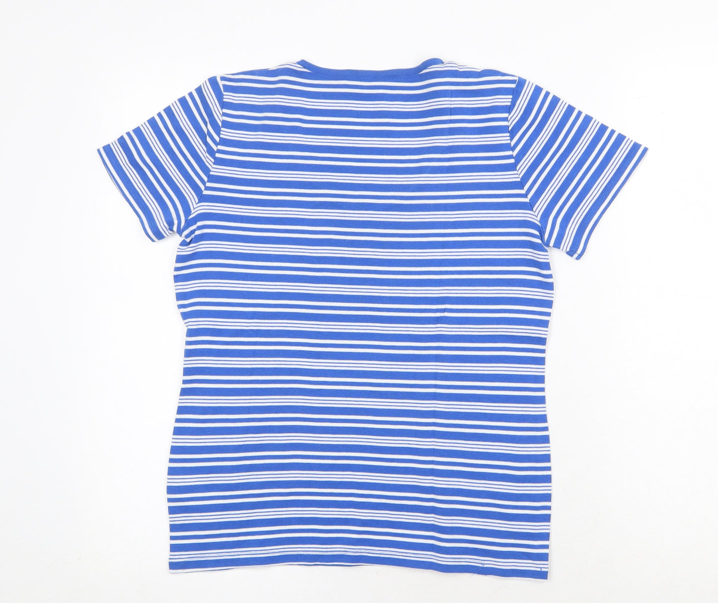 Marks and Spencer Womens Blue Striped 100% Cotton Basic T-Shirt Size 14 V-Neck