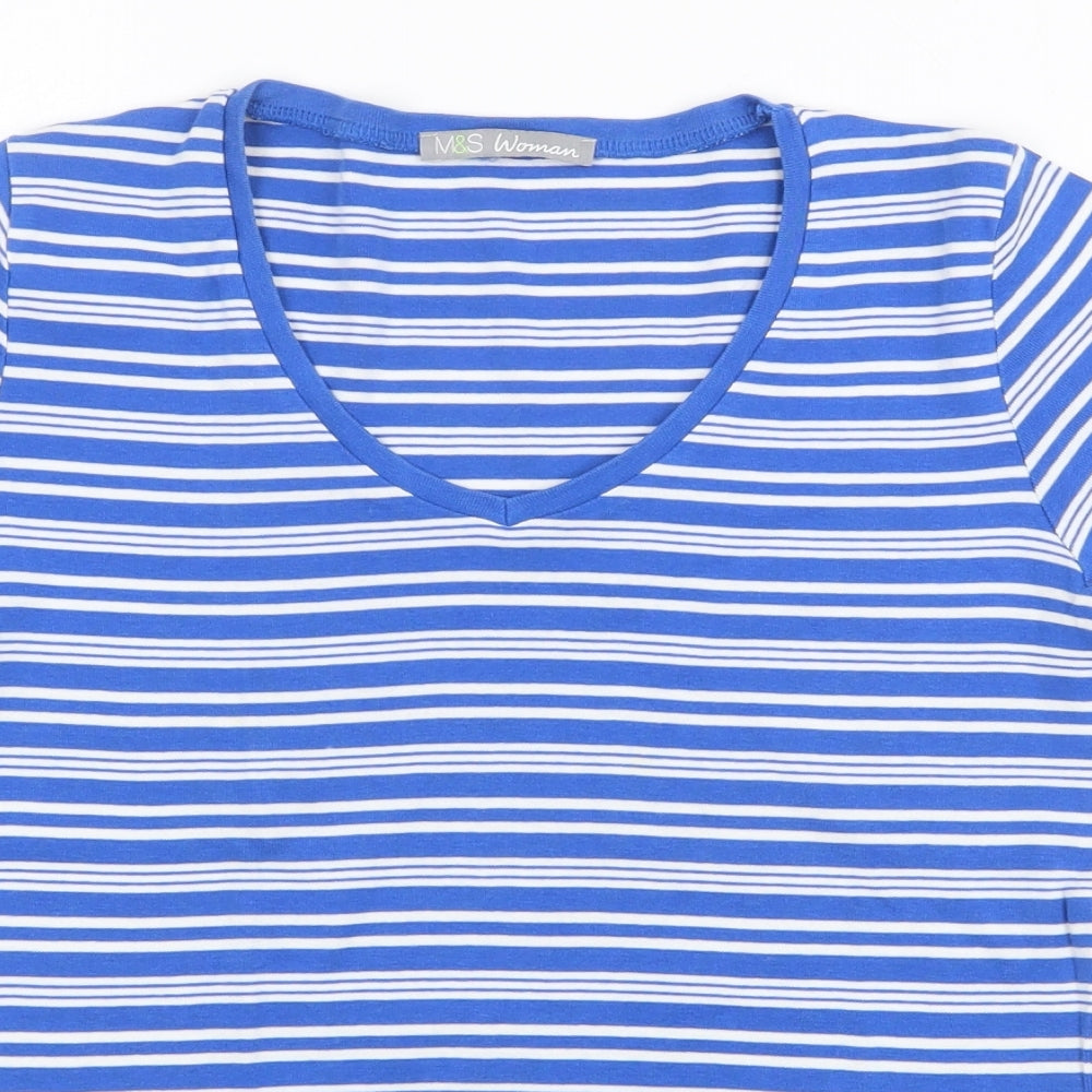 Marks and Spencer Womens Blue Striped 100% Cotton Basic T-Shirt Size 14 V-Neck