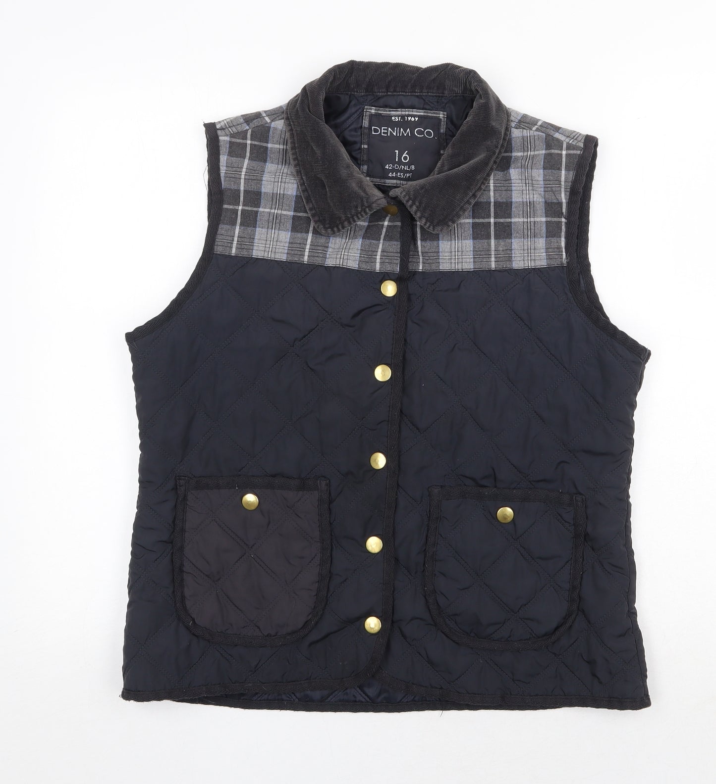 Denim & Co. Womens Blue Geometric Gilet Jacket Size 16 Snap