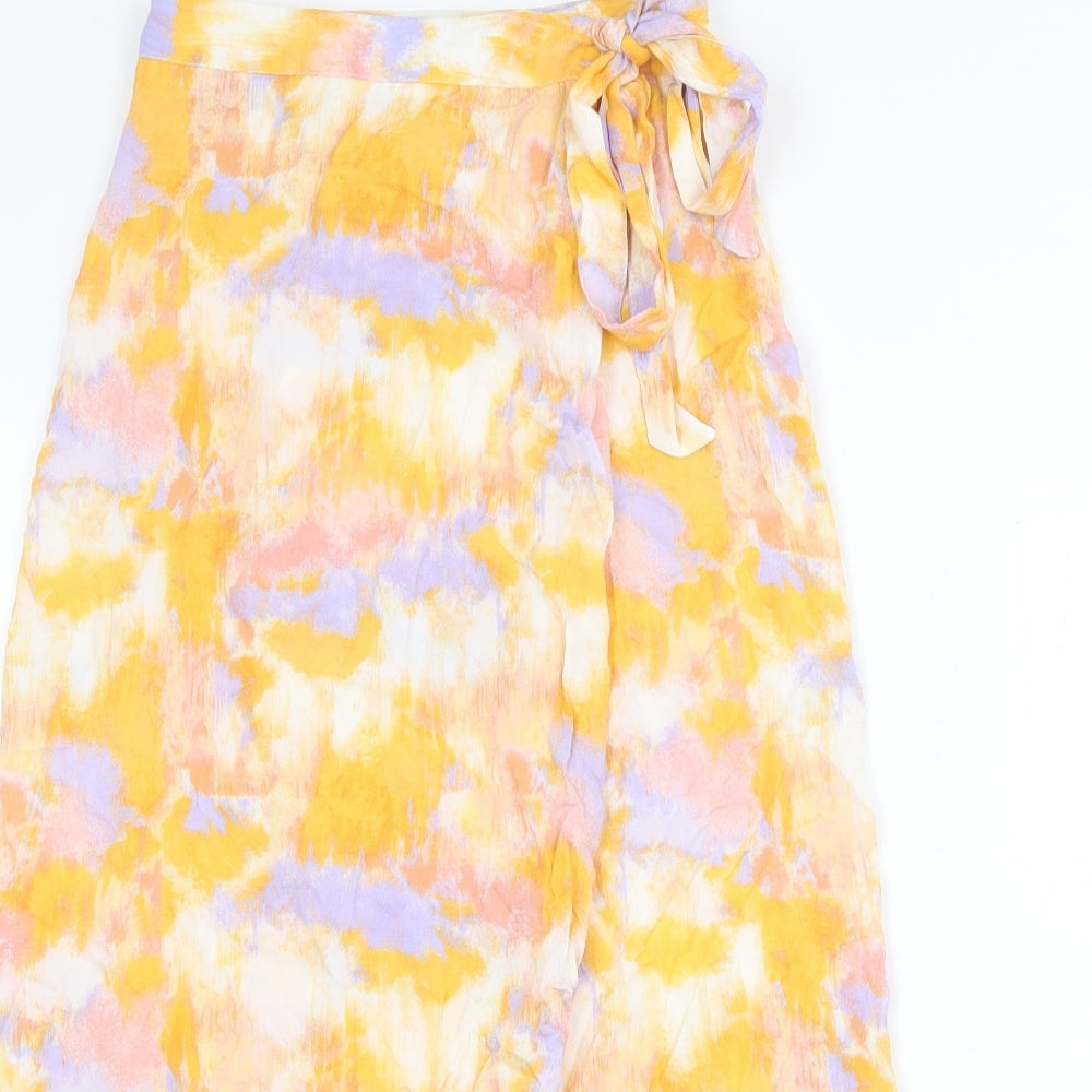 New Look Womens Yellow Geometric Viscose Wrap Skirt Size 6 Button