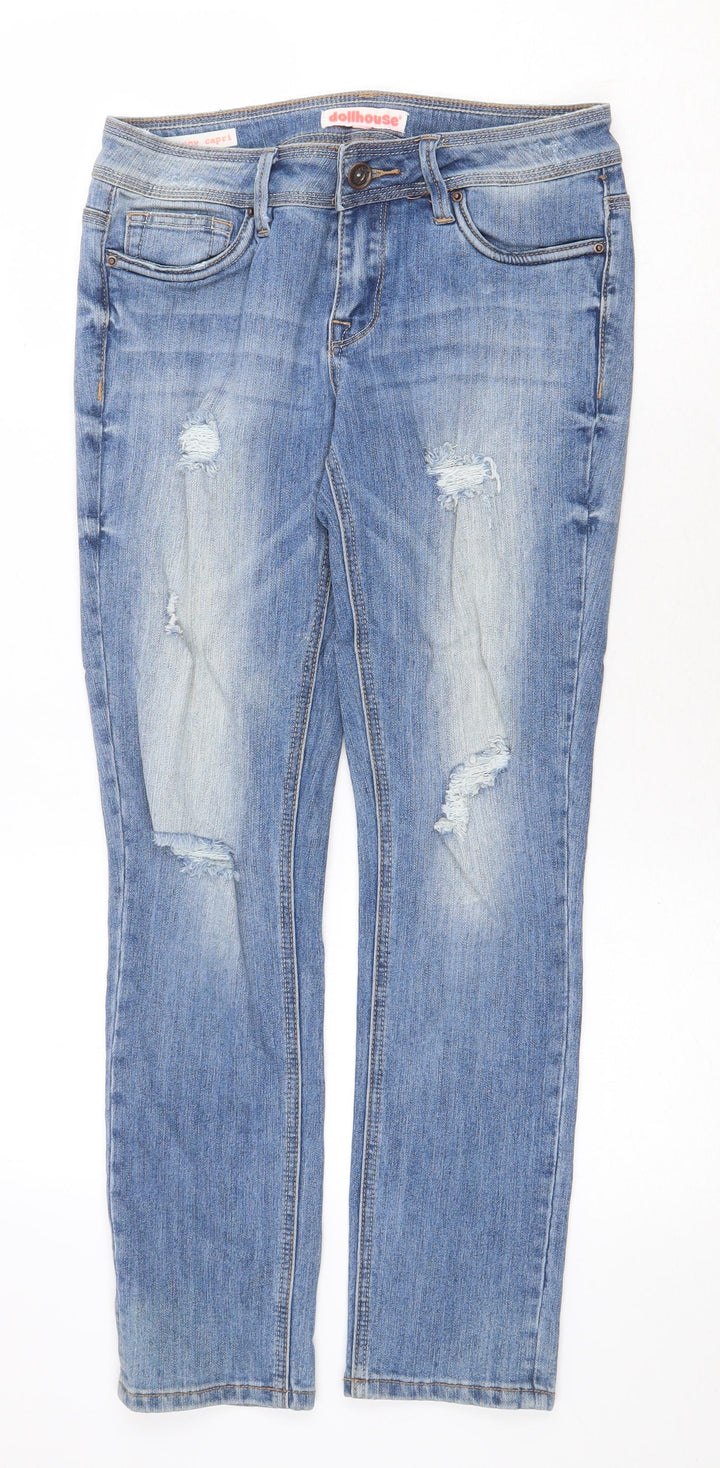 Dollhouse Womens Blue Cotton Straight Jeans Size S Regular Zip