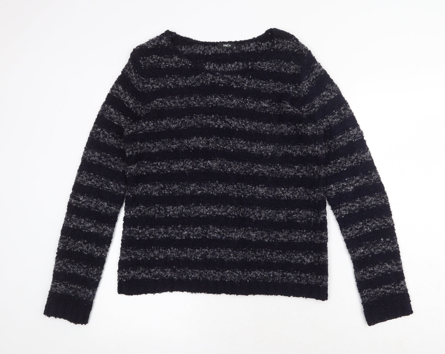M&Co Womens Blue Round Neck Striped Acrylic Pullover Jumper Size 14