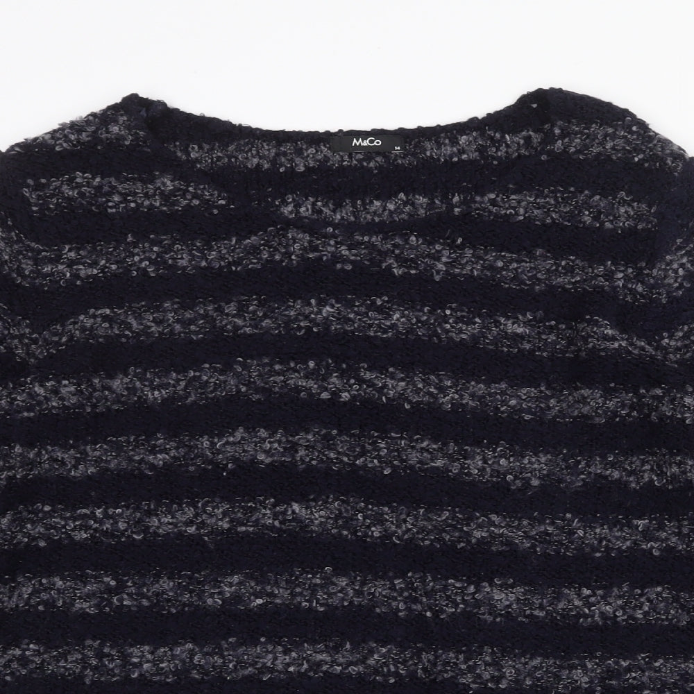 M&Co Womens Blue Round Neck Striped Acrylic Pullover Jumper Size 14