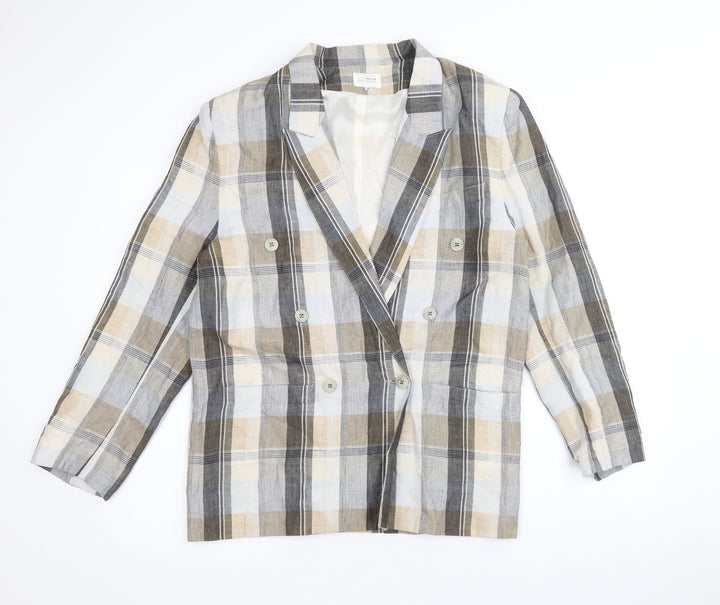 Woman Exclusive Womens Beige Plaid Ramie Jacket Suit Jacket Size 8