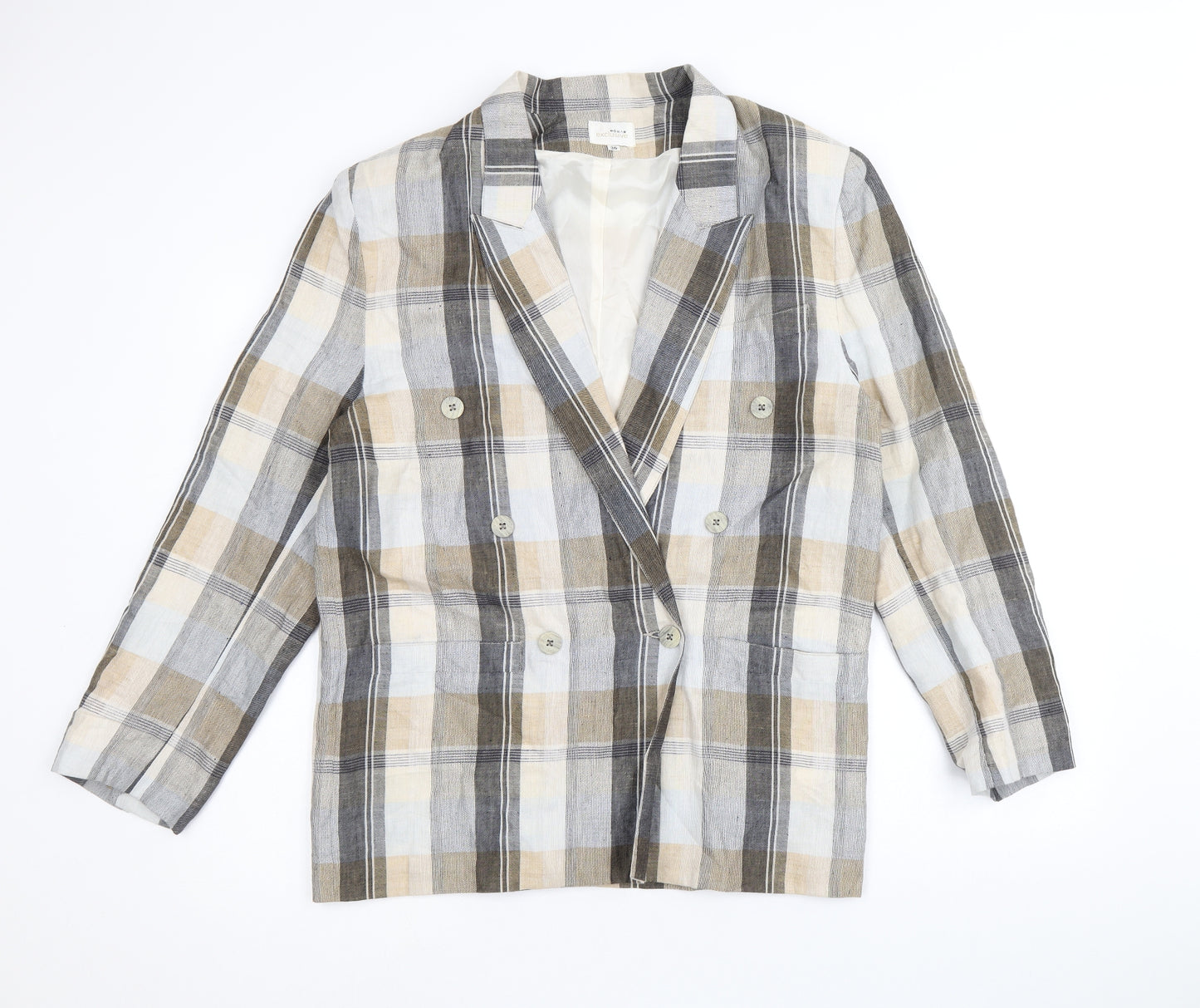 Woman Exclusive Womens Beige Plaid Ramie Jacket Suit Jacket Size 8