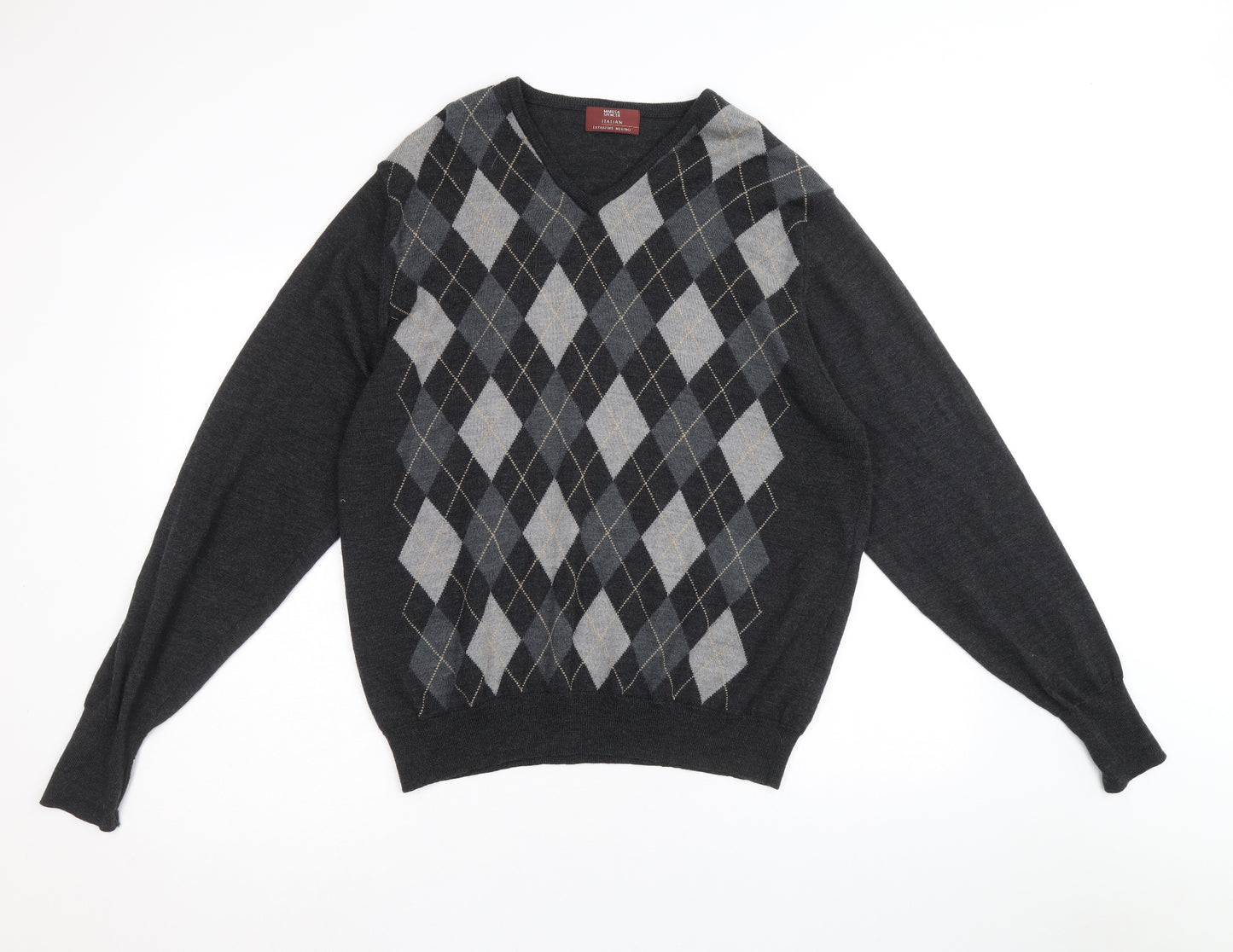 Marks and Spencer Mens Grey V-Neck Argyle/Diamond Wool Pullover Jumper Size M Long Sleeve