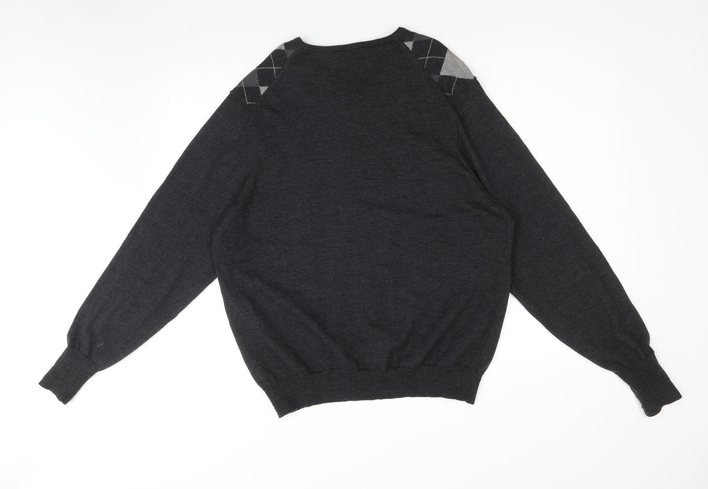 Marks and Spencer Mens Grey V-Neck Argyle/Diamond Wool Pullover Jumper Size M Long Sleeve