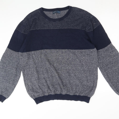 Easy Mens Blue Round Neck Cotton Pullover Jumper Size L Long Sleeve - Colourblock