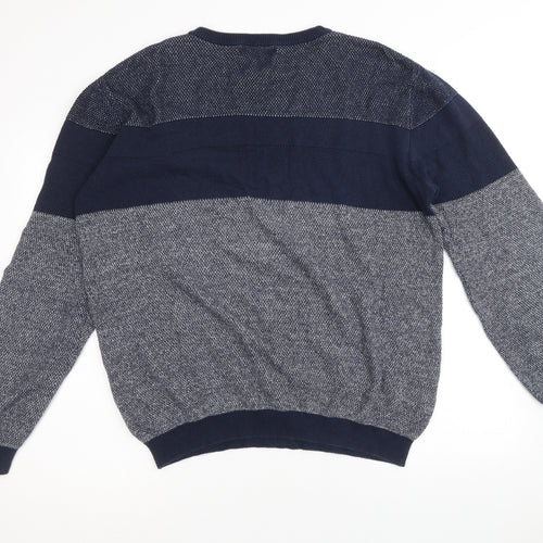 Easy Mens Blue Round Neck Cotton Pullover Jumper Size L Long Sleeve - Colourblock