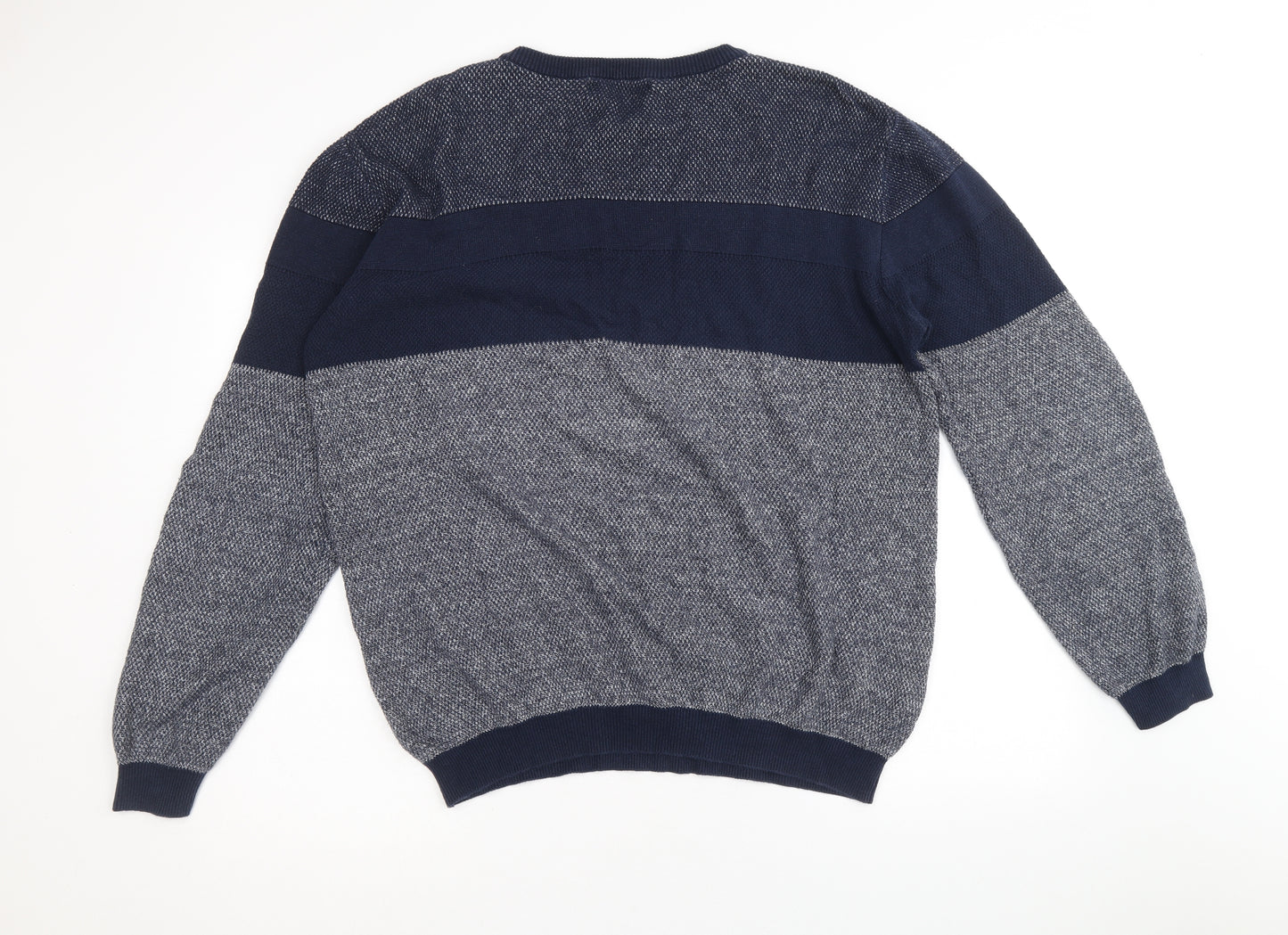 Easy Mens Blue Round Neck Cotton Pullover Jumper Size L Long Sleeve - Colourblock