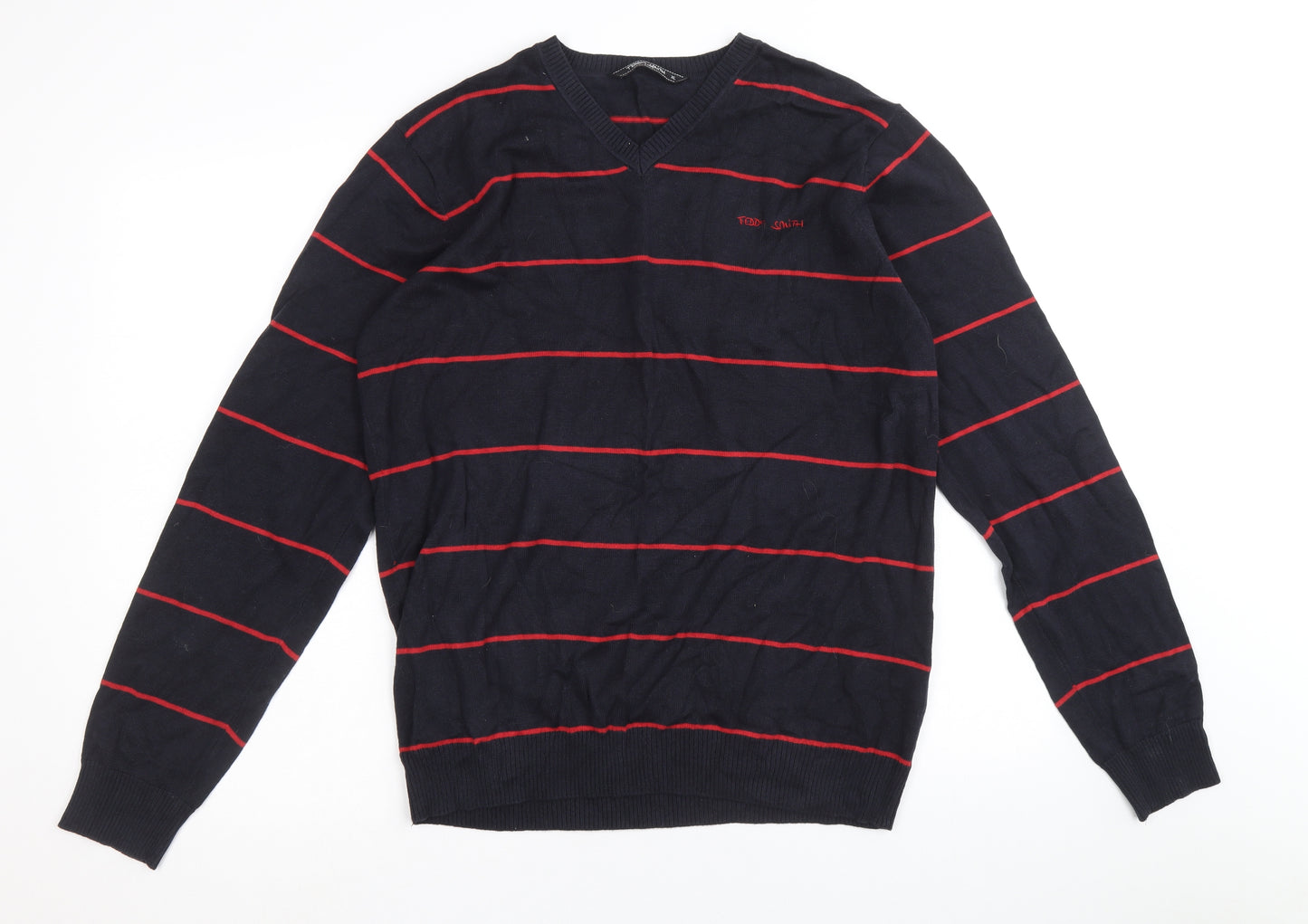 Teddy Smith Mens Blue V-Neck Striped Cotton Pullover Jumper Size XL Long Sleeve
