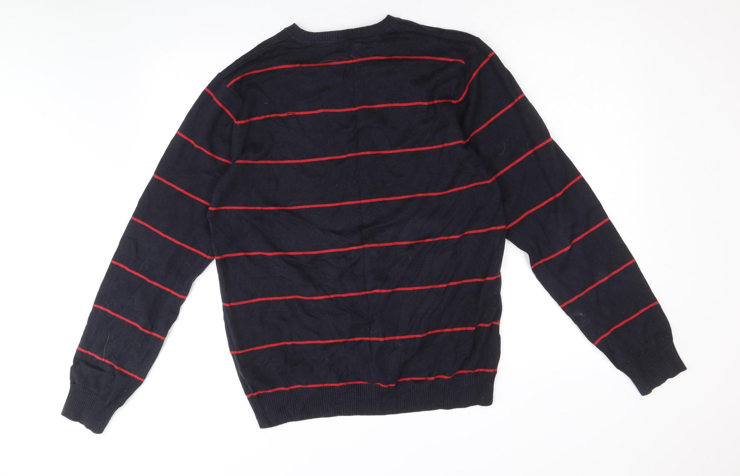 Teddy Smith Mens Blue V-Neck Striped Cotton Pullover Jumper Size XL Long Sleeve