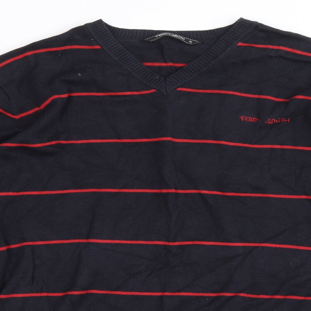 Teddy Smith Mens Blue V-Neck Striped Cotton Pullover Jumper Size XL Long Sleeve