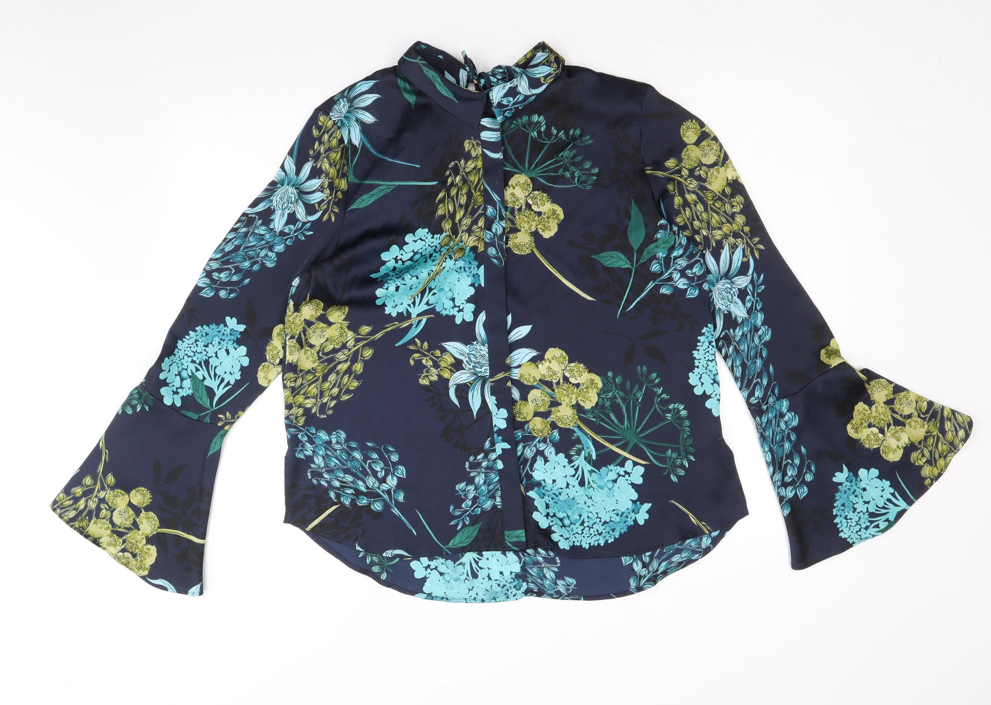 Autograph Womens Blue Floral Polyester Basic Button-Up Size 10 Collared - Bell Sleeve