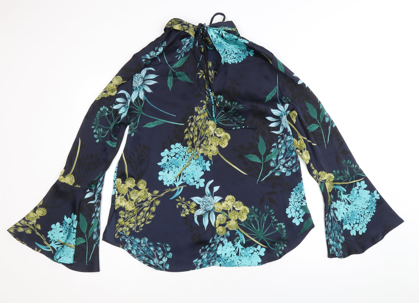 Autograph Womens Blue Floral Polyester Basic Button-Up Size 10 Collared - Bell Sleeve