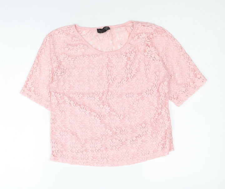 Topshop Womens Pink Floral Polyester Cropped T-Shirt Size 8 Scoop Neck