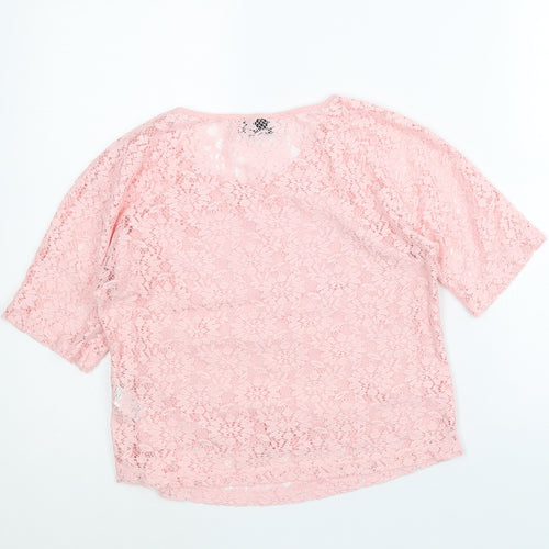 Topshop Womens Pink Floral Polyester Cropped T-Shirt Size 8 Scoop Neck