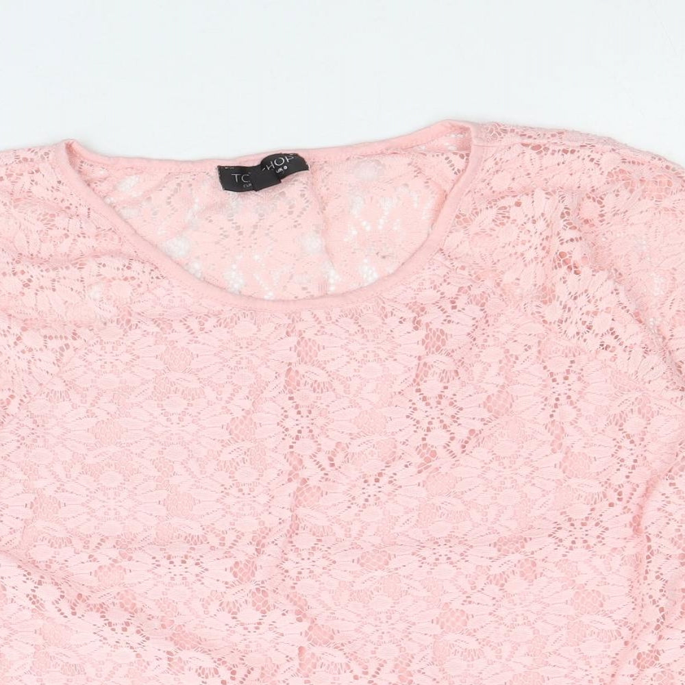 Topshop Womens Pink Floral Polyester Cropped T-Shirt Size 8 Scoop Neck