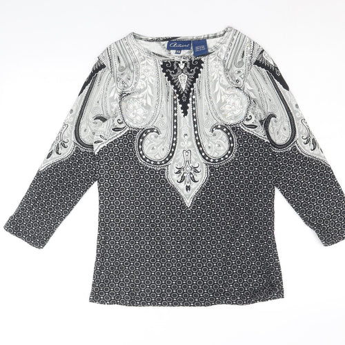 Preworn Womens Black Geometric 100% Cotton Basic Blouse Size XS Boat Neck