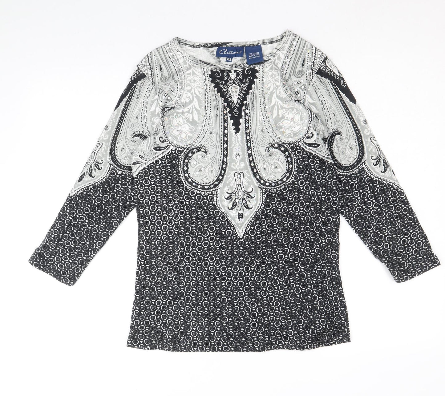 Preworn Womens Black Geometric 100% Cotton Basic Blouse Size XS Boat Neck