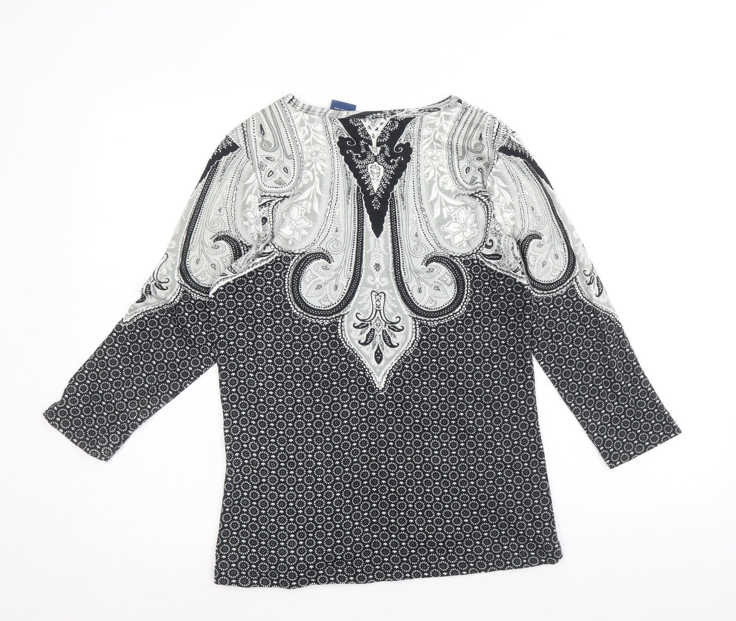 Preworn Womens Black Geometric 100% Cotton Basic Blouse Size XS Boat Neck