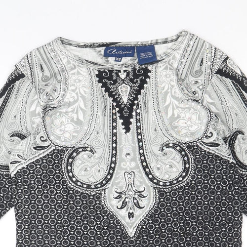 Preworn Womens Black Geometric 100% Cotton Basic Blouse Size XS Boat Neck