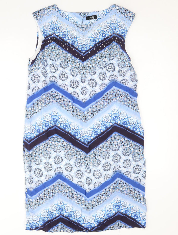 Wallis Womens Blue Geometric Polyester A-Line Size 8 Round Neck Button
