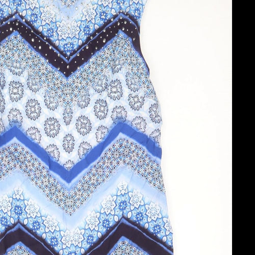 Wallis Womens Blue Geometric Polyester A-Line Size 8 Round Neck Button