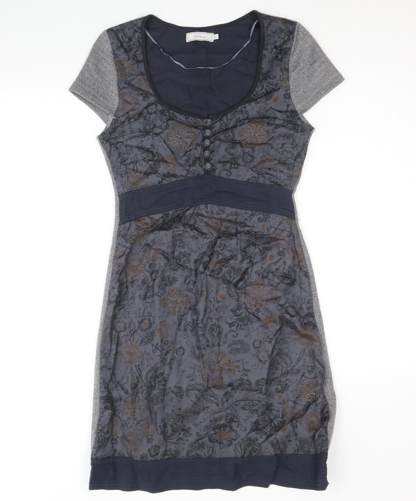 Cream Womens Grey Floral Viscose A-Line Size XS Round Neck Button