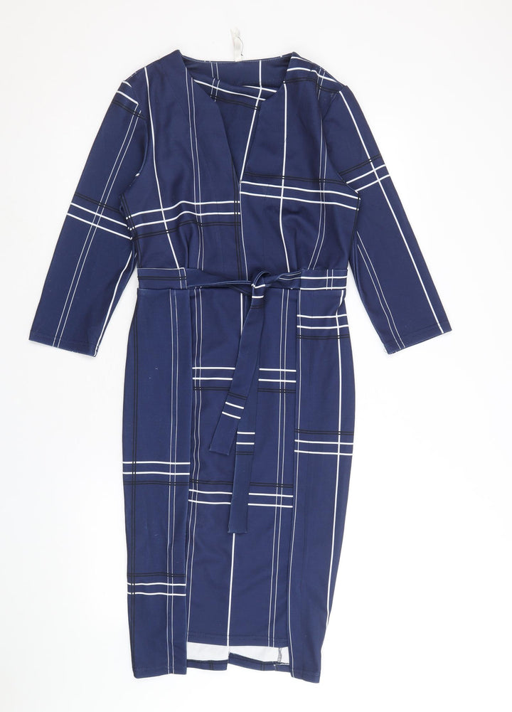 Stella Womens Blue Geometric Polyester A-Line Size 8 V-Neck Pullover