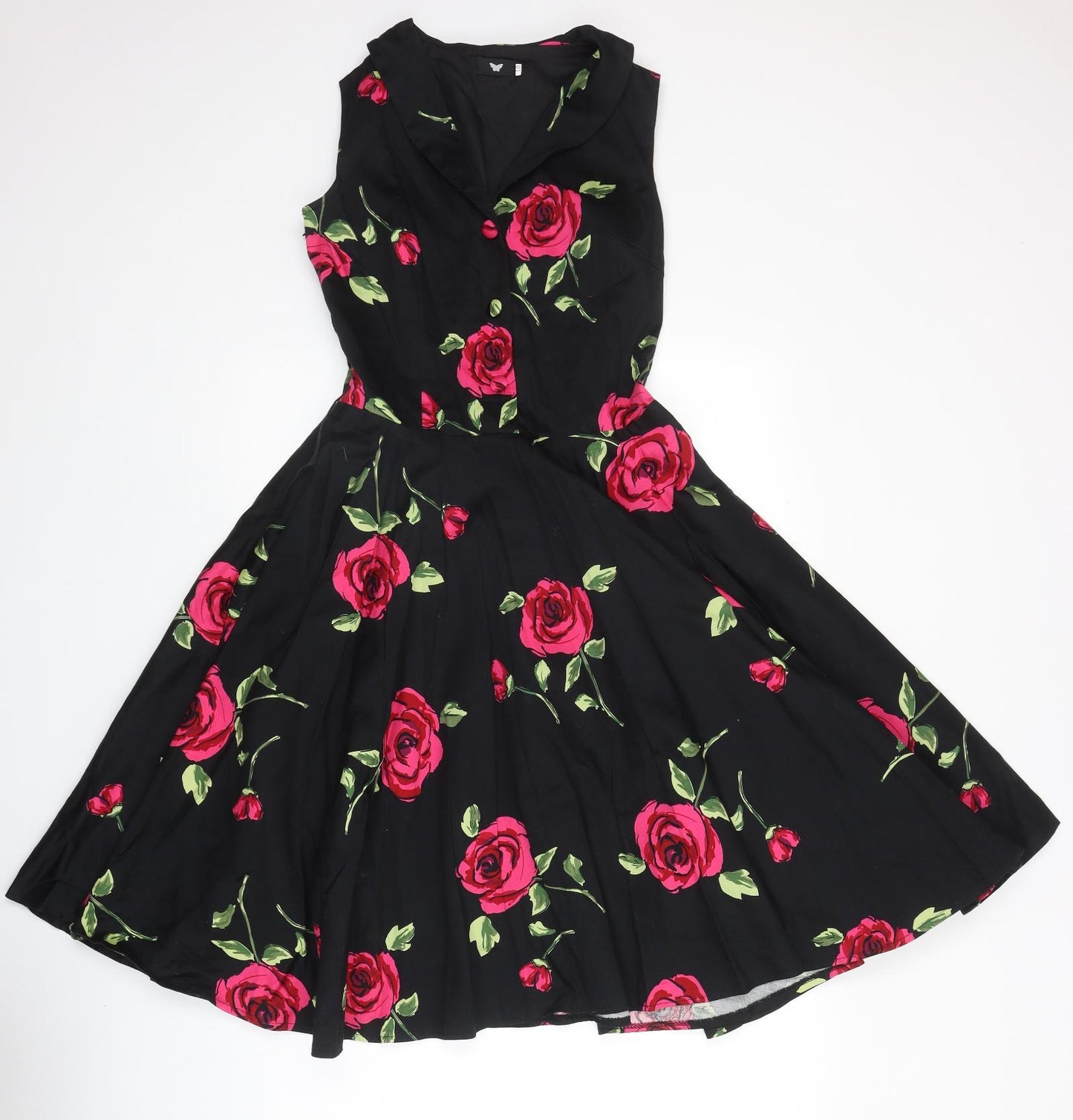 Preworn Womens Black Floral Polyester Fit & Flare Size 10 V-Neck Button