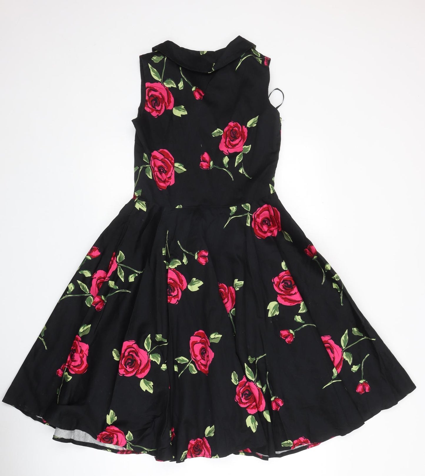 Preworn Womens Black Floral Polyester Fit & Flare Size 10 V-Neck Button