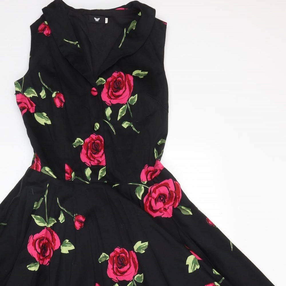 Preworn Womens Black Floral Polyester Fit & Flare Size 10 V-Neck Button