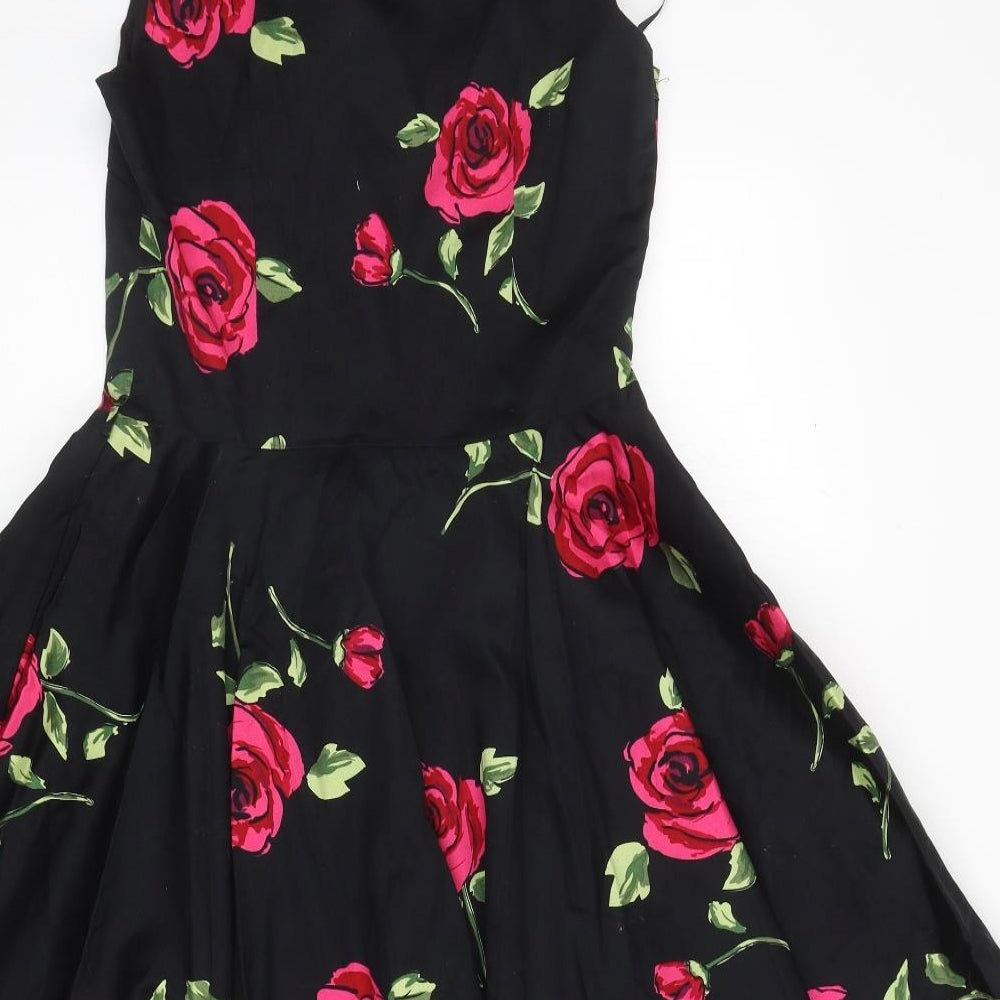 Preworn Womens Black Floral Polyester Fit & Flare Size 10 V-Neck Button