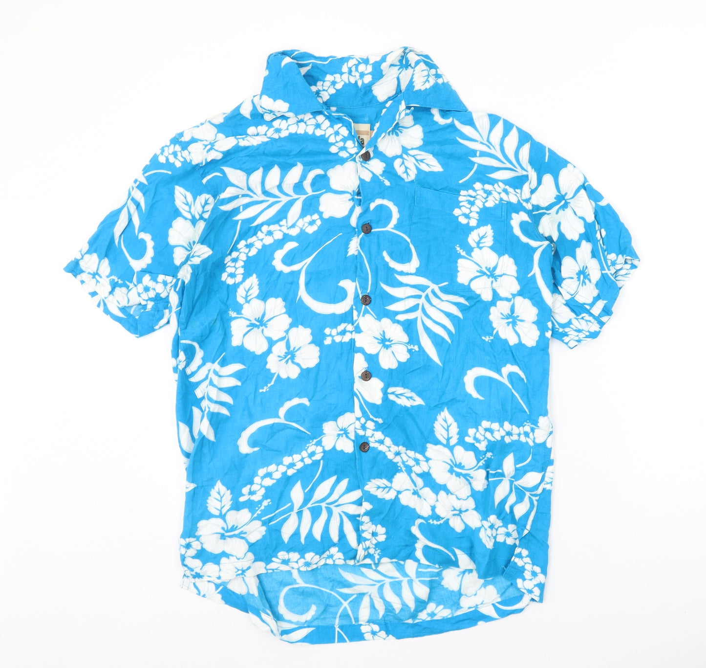 Preworn Mens Blue Floral Viscose Button-Up Size S Collared Button